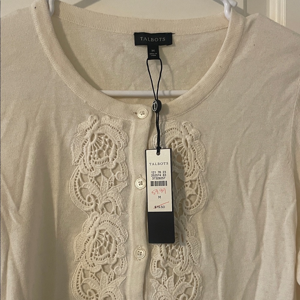 Talbots Ivory Cardigan with Floral Lace